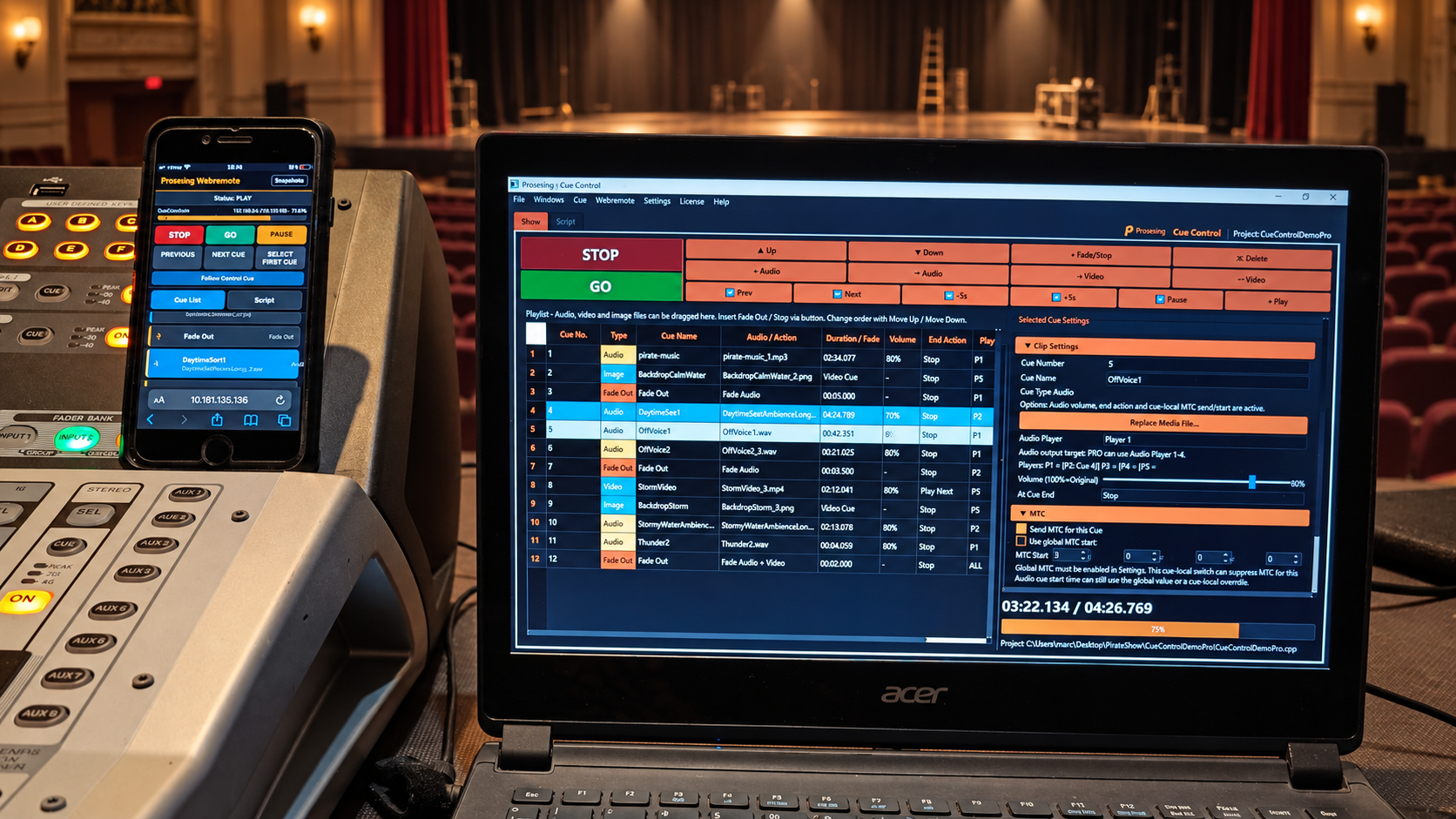 Proseniq Cue Control show-control software with Webremote